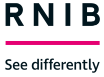 RNIB logo - See differently, black text divided with a thick pink line